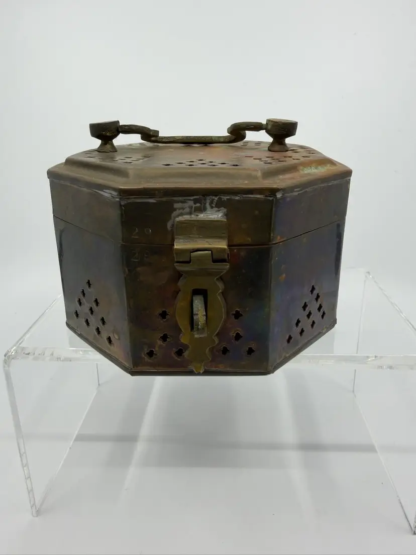 Vintage Brass Cricket Box Hinged Lid w Handle & Latch Hexagon Shape