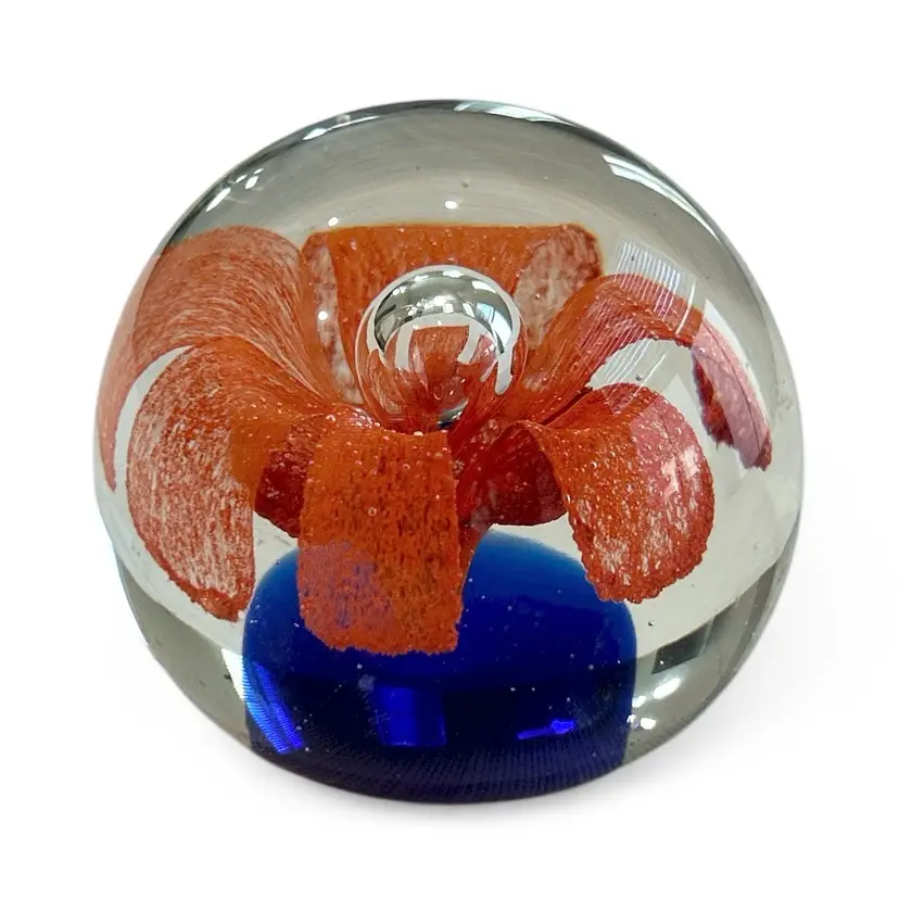 Vintage Art Glass Paperweight Orange Flower Cobalt Blue Air Trap Bubble Design