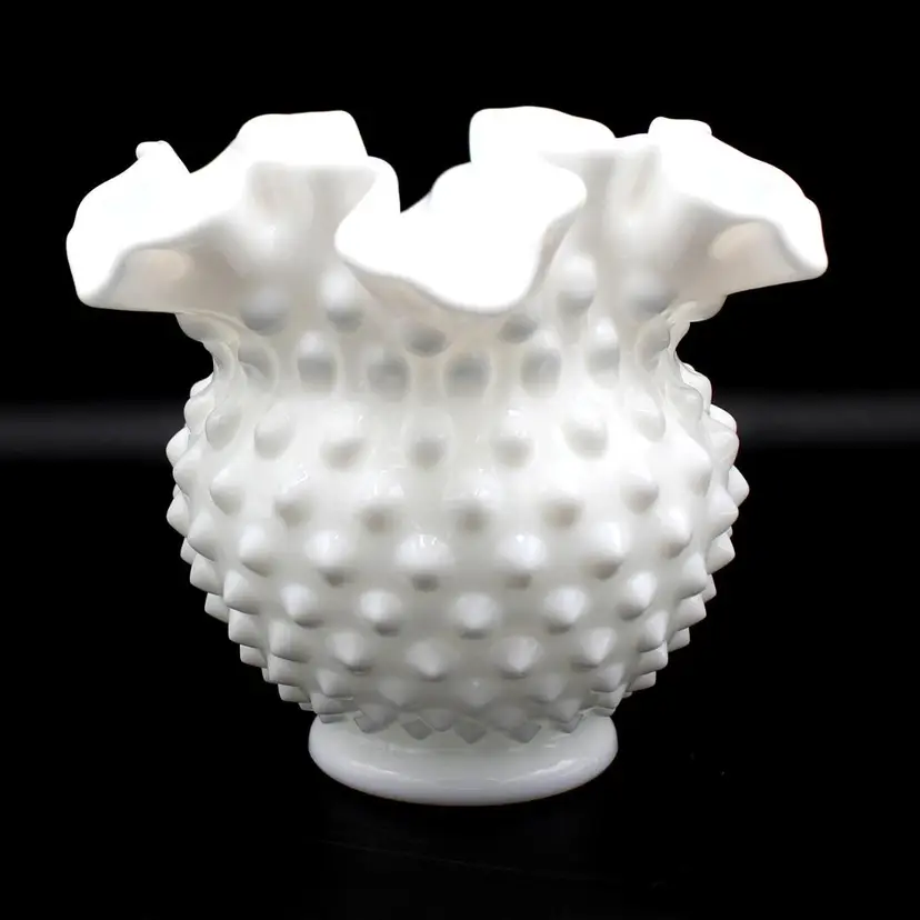 Vintage Small Fenton Milk Glass Flower Vase Hobnail Pattern Ruffled Crimped Edge