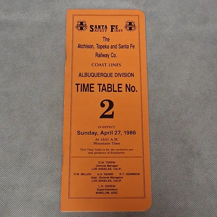 Atchison Topeka Santa Fe Railway Employee Timetable No 2 1986 Albuquerque Div