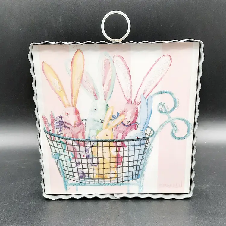 The Round Top Collection Cart of Bunnies Mini Galvanized Wall Art Decor Easter