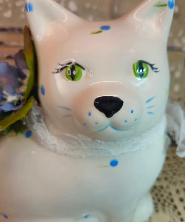Signed Vintage Large Ceramic Sitting Cat Figurine Blue & White w/ Floral Accent