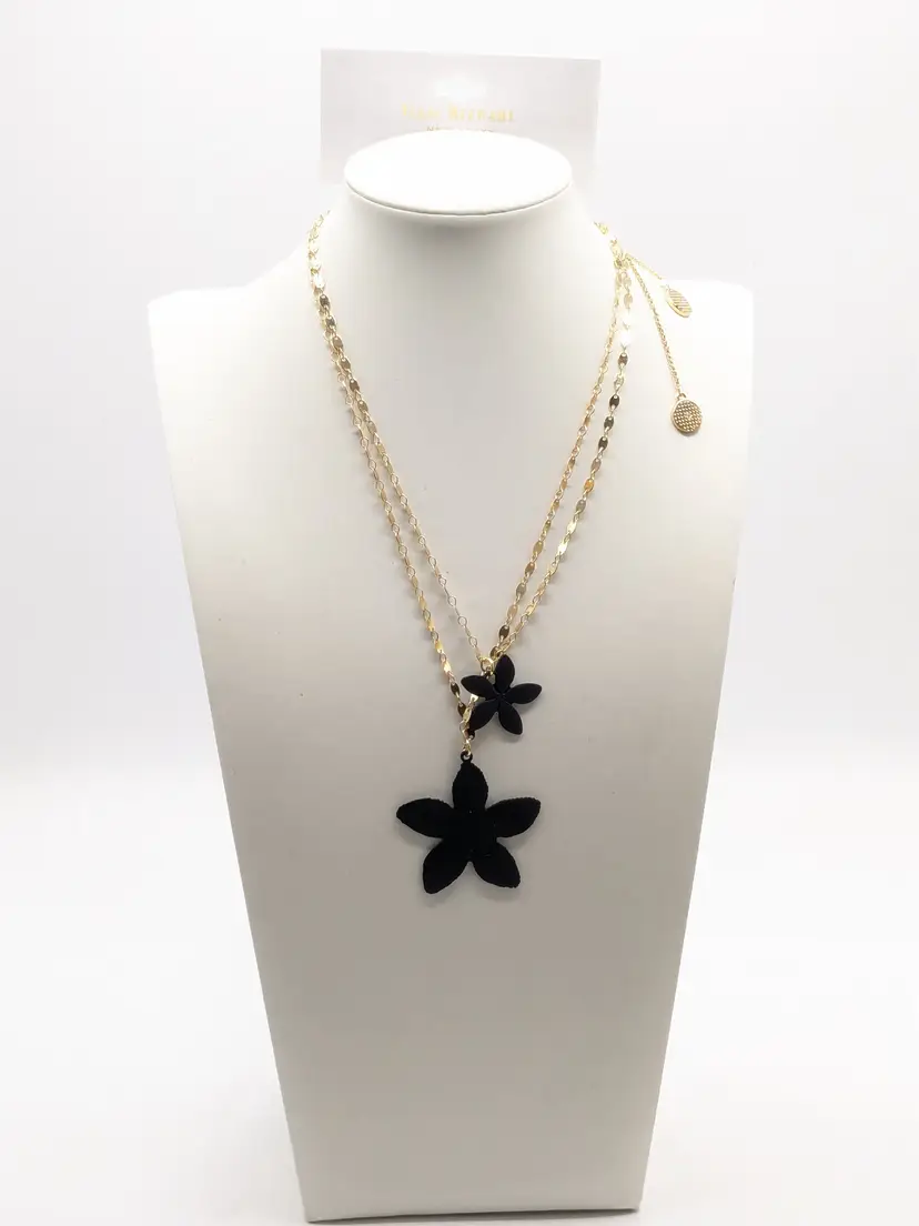 Isaac Mizrahi Black Floral Pair Necklace Gold Tone NWT