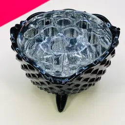 Black Glass Hobnail Tripod Bowl with Big Clear Glass Flower Frog