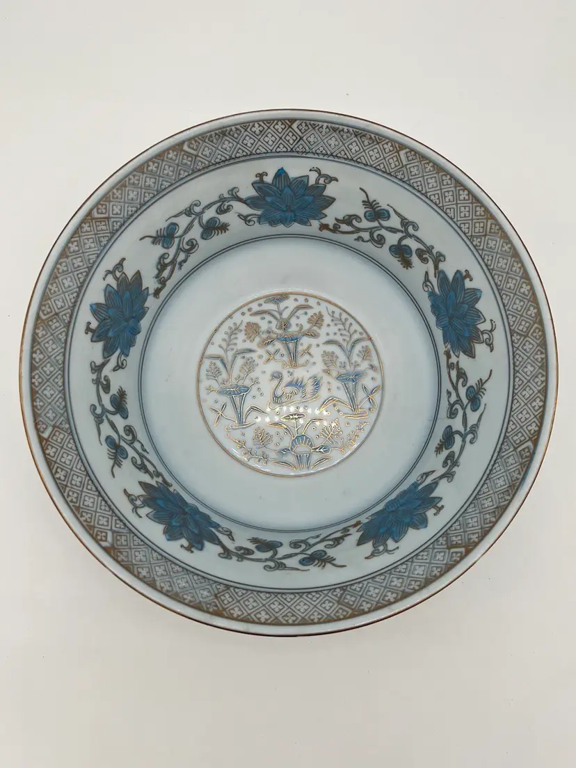 9312 ANDREA BY SADEK SWAN & LOTUS BOWL BLUE GOLD TRIM MADE IN JAPAN