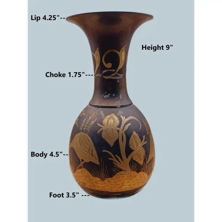 Vintage Black Brass Vase Etched Birds and Flower Design Made in India