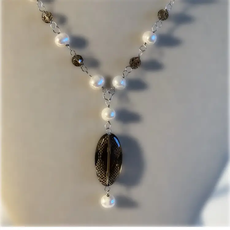 Vintage Silver, Ringed Oval Pearl and Smokey Glass Necklace