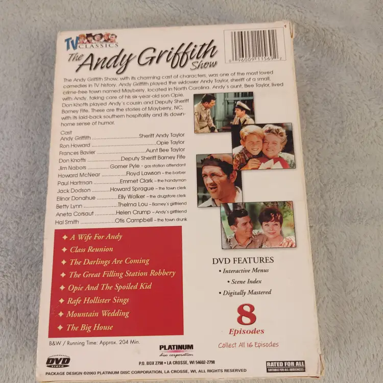 DVD. The Andy Griffith Show. Used condition. 2 dvds. 8 episodes.