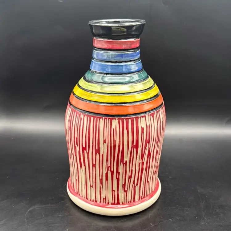 Studio Pottery Rainbow With Red And White Texture Bottle Vase -Signed Joyce Foy 2018