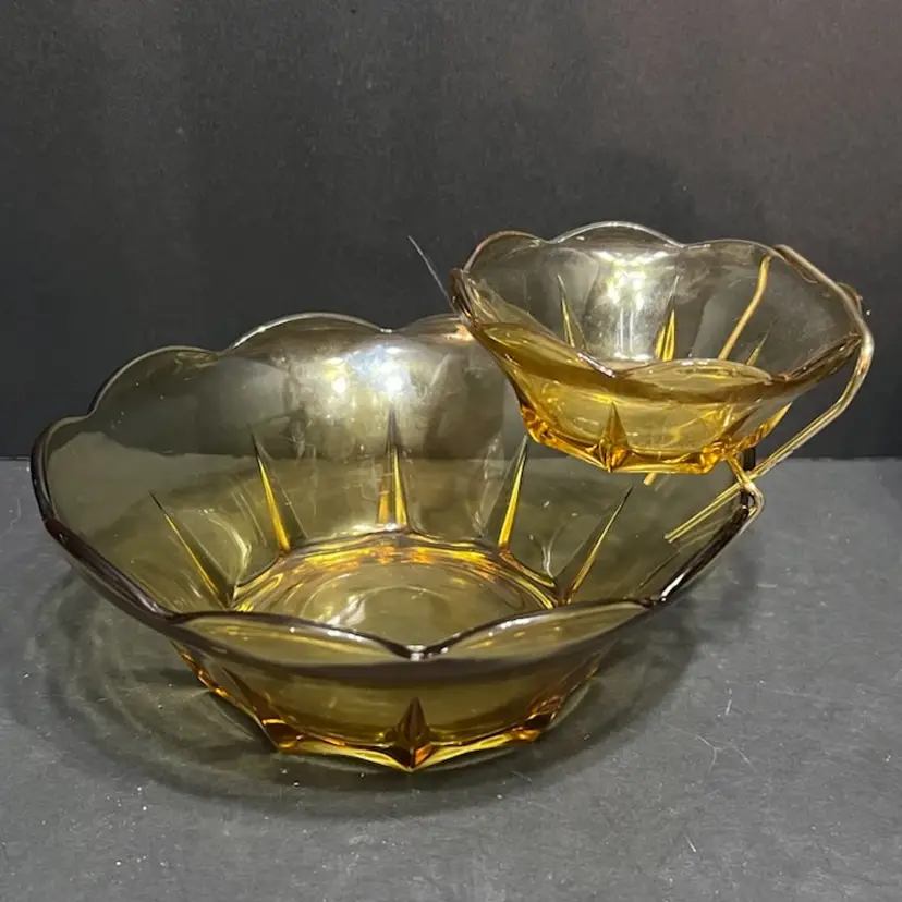 Anchor Hocking 3pc Vintage Swedish Modern Honey Gold Chip & Dip Set with Cradle