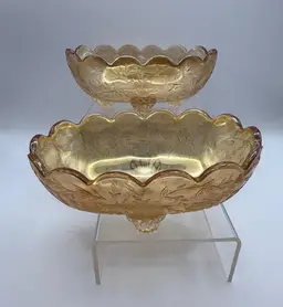 Jeanette Glass Floragold Louisa Peach Iridescent Footed Candy Nut Dishes Set Of 2