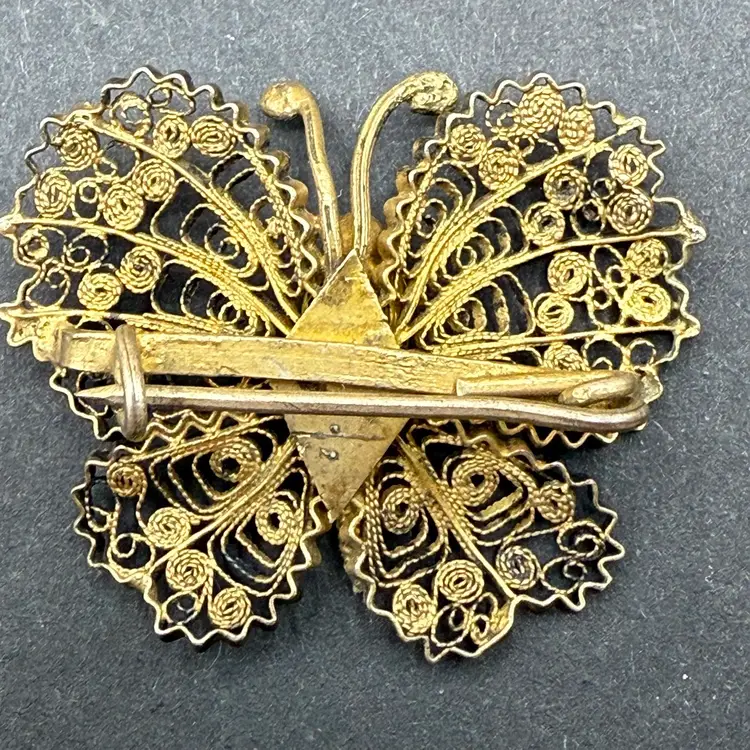 Antique Unmarked (Tested) Vermeil Sterling Filigree Butterfly 1.5”