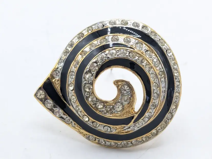 Vintage Gold Tone Black Enamel Rhinestone Brooch Pin