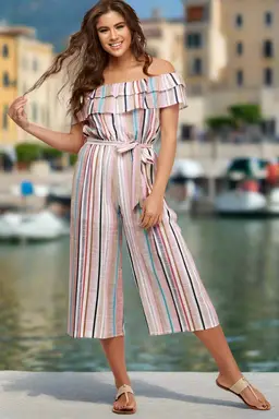 Peach Love Ruffle Capri Jumpsuit - Striped