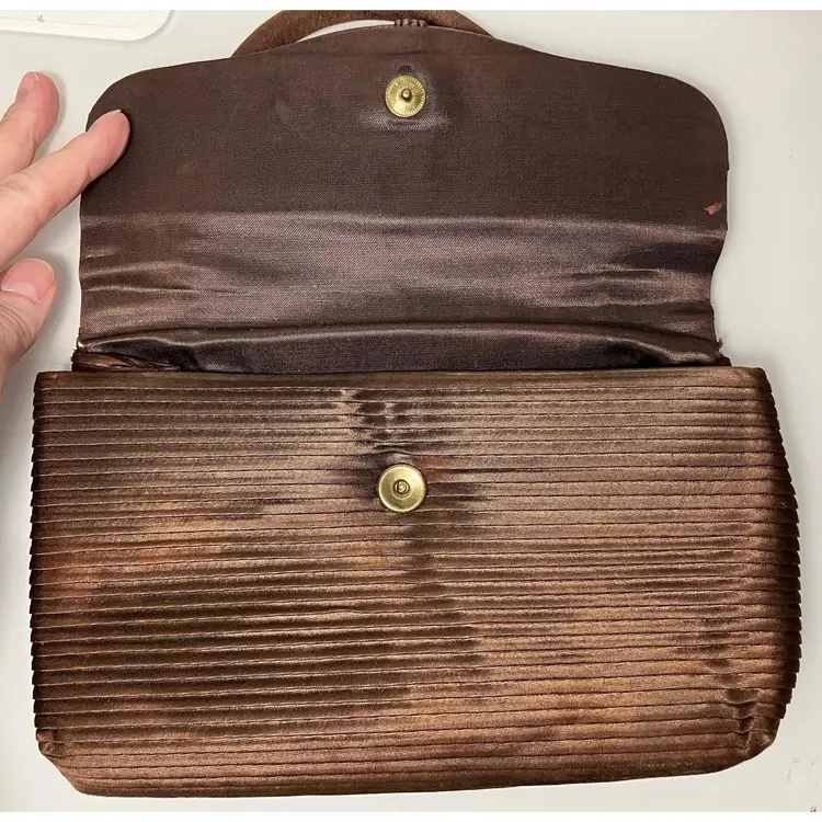 VTG Pleated brown satin handbag from Spain, 1950 or 60s, 9"