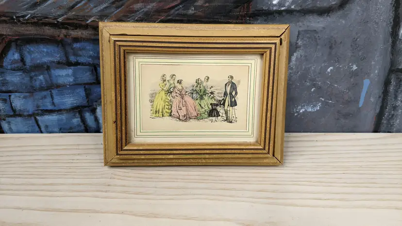 ANTIQUE Victorian Ornate Wood Sewing  Dresser Box Glass Framed Hand Colored Engraving 5"x7"Trinket Stash