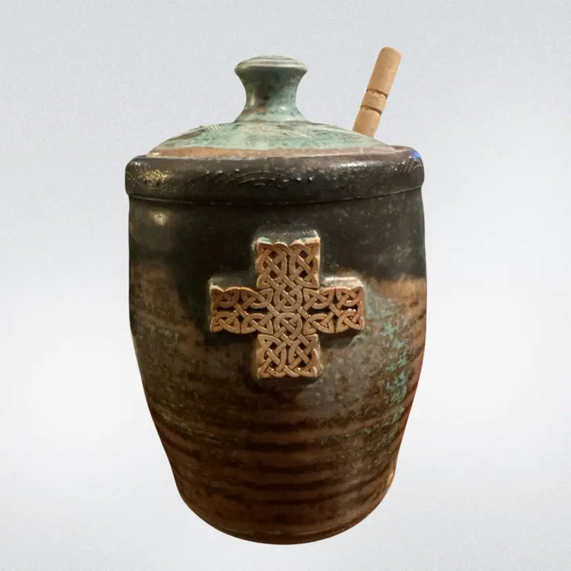 Vtg Ceramic Studio Art Pottery Lidded Honey Pot Jar Canister 7"~SIGNED~ W/ Wand