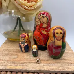 Vintage 5pc Russian Icon Nesting Doll Set - Virgin of Vladimir & Saints - Hand Painted Gold Leaf Matryoshka