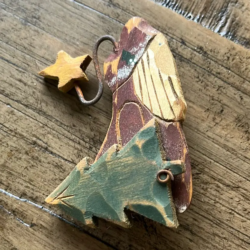 Signed Carved Wood Folk Art Santa Pin