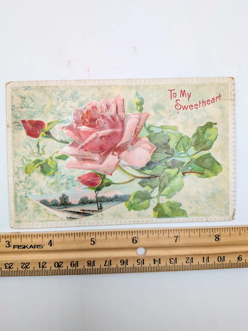 E63. ANTIQUE POSTCARD GREEN 1¢ STAMP made in Germany TO MY SWEETHEART ROSES