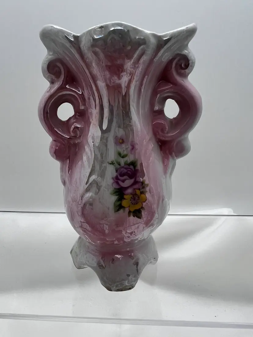 #2045B Vintage Pink Lusterware Bud Vase with Floral Transfer