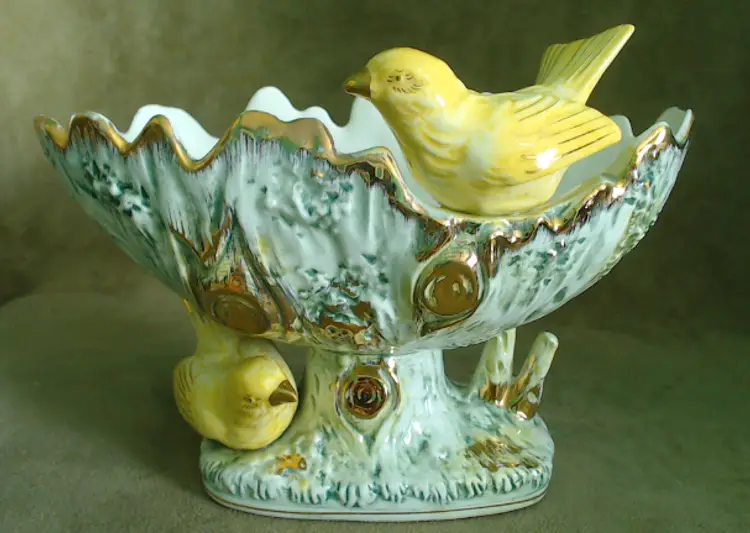 Vintage Birdbath Planter | Sweet Little Yellow Birds Perched on a Hollow Log | Gilded Pedestal Planter for a Showy Centerpiece | 1950s Ucagco Made in Japan