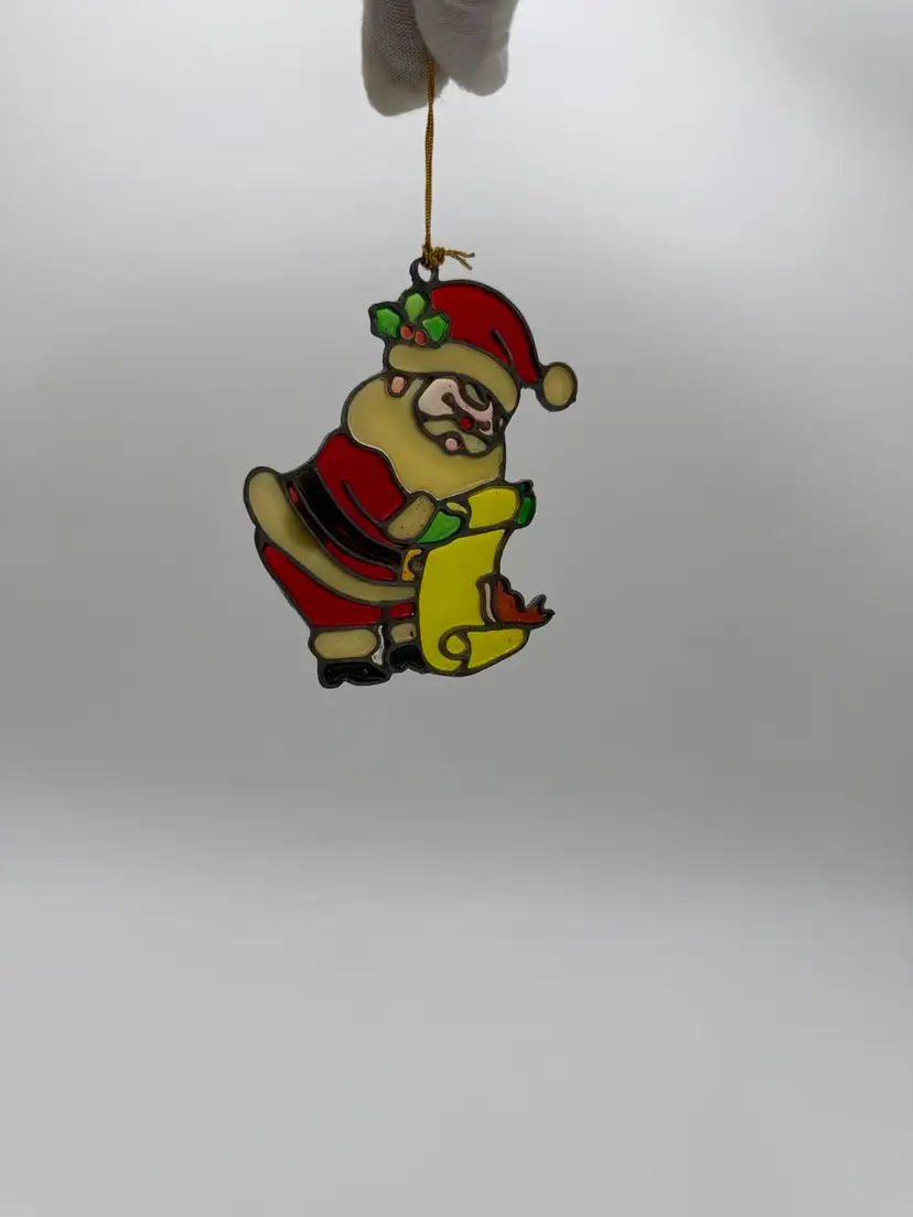 Santa Claus Checklist Suncatcher/Ornament Stained Enamel Vintage 1980’s