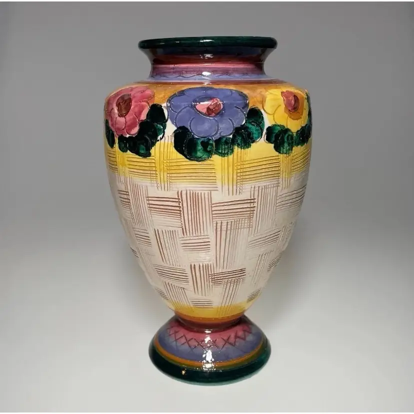 Italian Majolica Sgraffito Pottery Vase Colorful Floral Vintage Midcentury Italy 8"