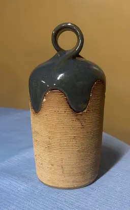 Brown Stone Studios Art Pottery Lidded Jar Blue Tan Artist Signed 7”