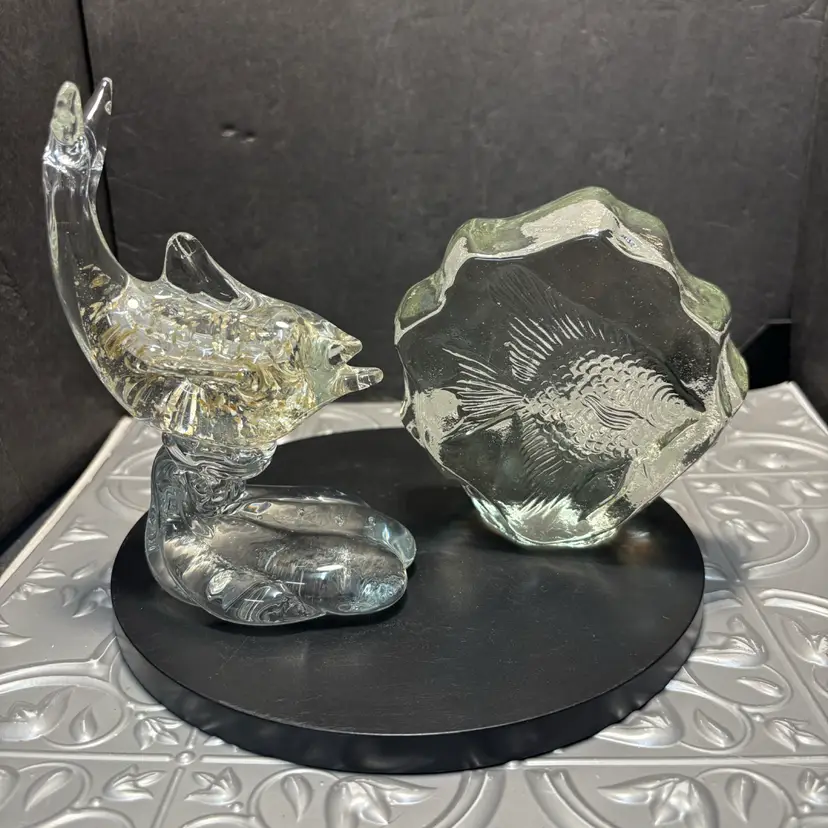 Vintage Man Cave  Gold fleck Fish On Wave And A Etched Fish Paperweight