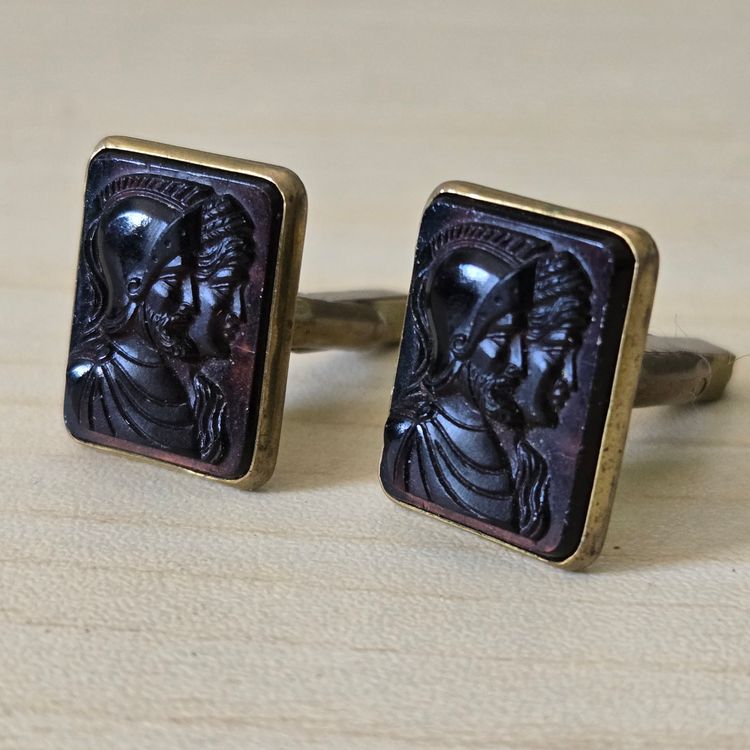 Cuff Links Cameo Faces Relief Male Soldier & Female Dark Glass set in Brass Vintage