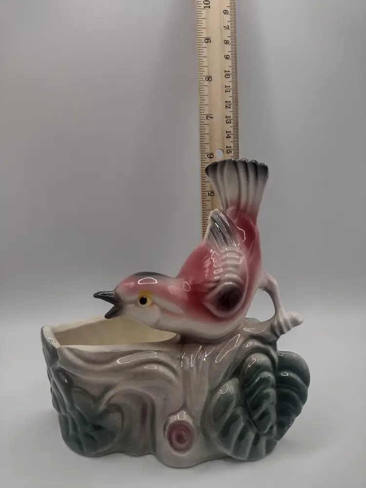 Vintage Pink Bird Planter with Tree Stump Design. Delightfully Angry Looking.