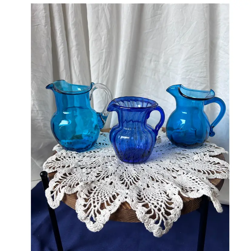 3 Hand Blown Blue Glass Creamers/Jugs