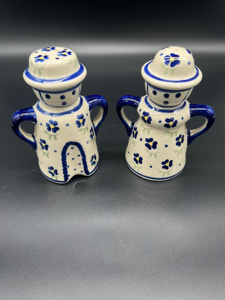 Vintage Hand-Painted Polish Folk Art Pottery Salt & Pepper Shakers
