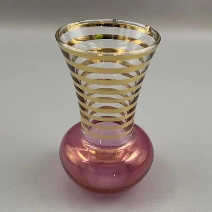 Vintage Bartlett Collins Mini Glass Bud Vase 3.75" Pink Gold Striped