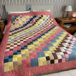 Hand Stitched Nine-Patch Quilt Vintage 1980s Patchwork Pink Blue Red Floral Twin 63x86"