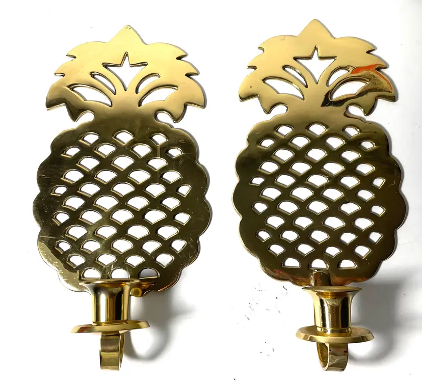 Pair Of Vintage Brass Pineapple Fruit Wall Sconces Candle Holders. Made In India Koi