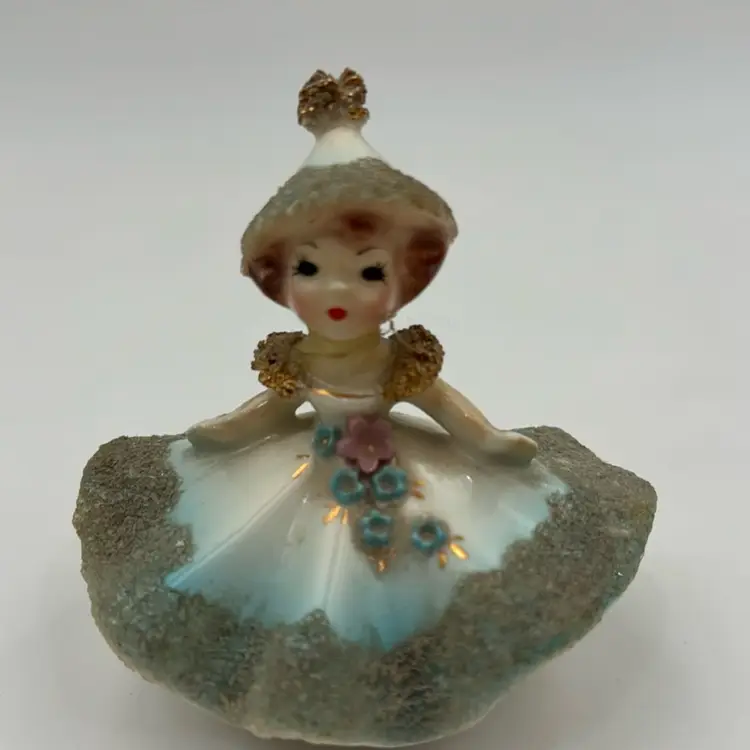 Vintage Joseph Originals, Girl, Figurine, Black Eyes, Mica, Glitter, And Gold Spaghetti