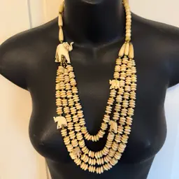 Vintage BOHO Necklace Carved Elephants Natural Material 25” Multi-strand