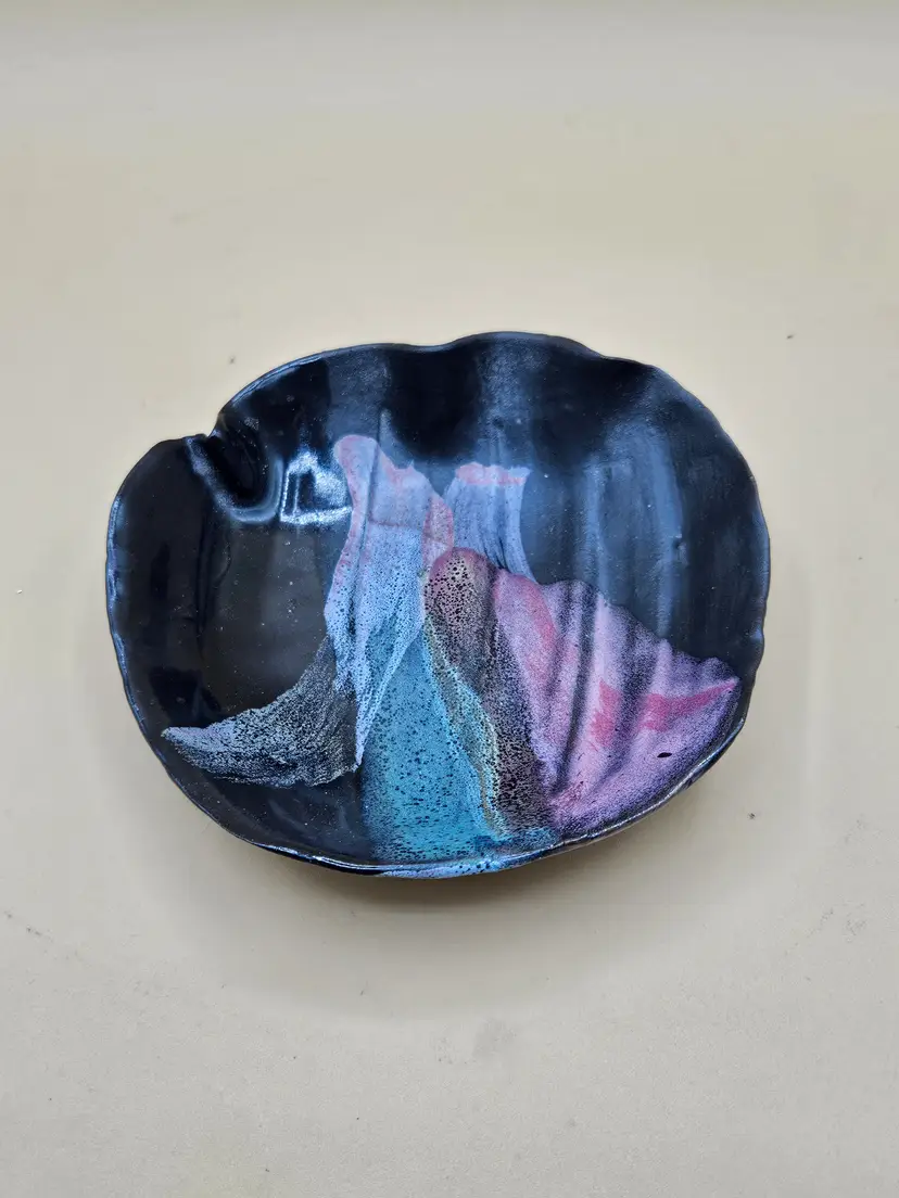 Black, Green, Pink Pottery 5" Soap Bowl Trinket Dish, Studio Art, Signed