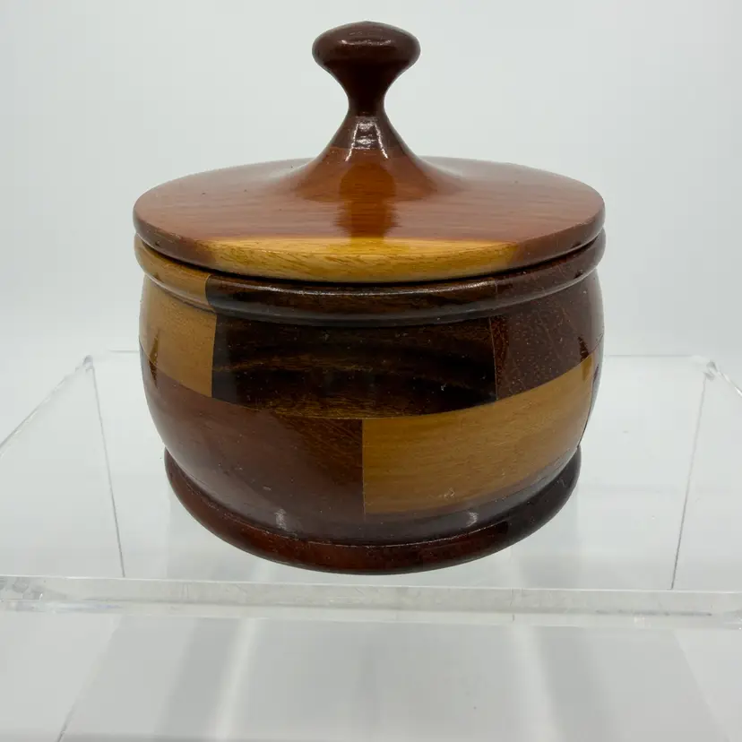 Small Vintage Hand Carved Round Wooden Lidded Trinket Box  3.5”