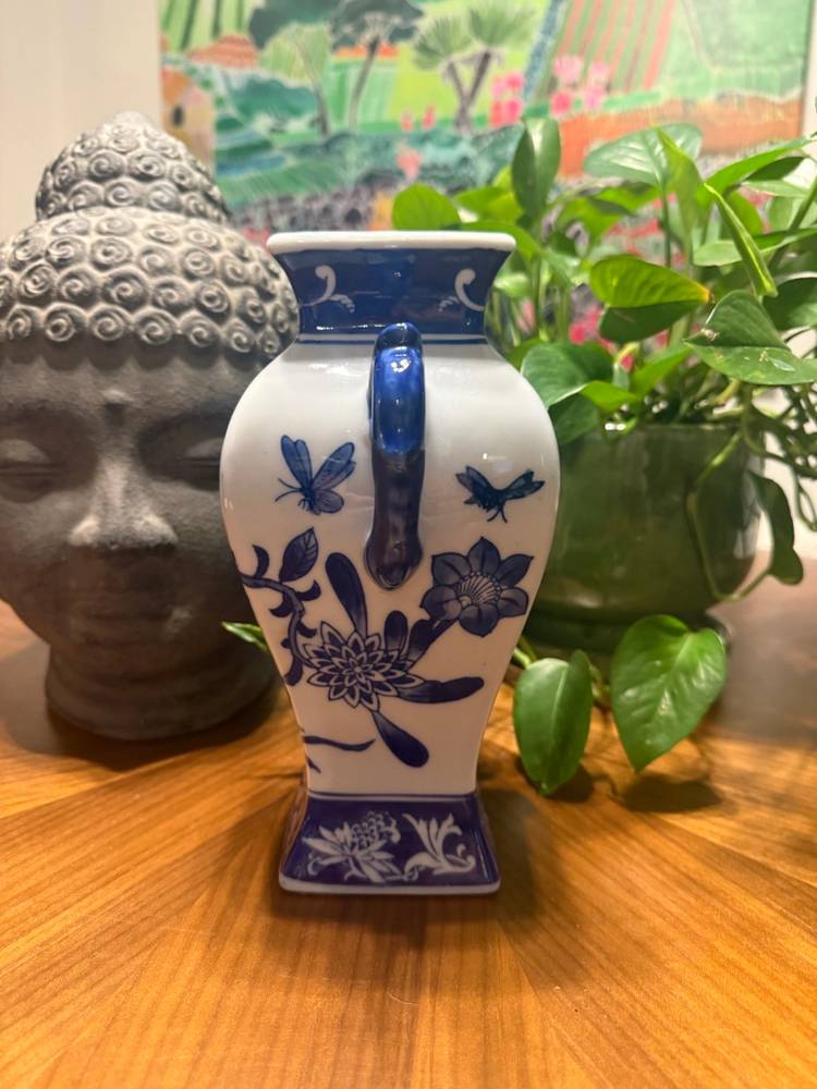 Vintage Blue and White Chinoiserie Vase with Handles – Floral and Butterfly Motif – Delft-Style Porcelain – Classic Asian Revival Decor