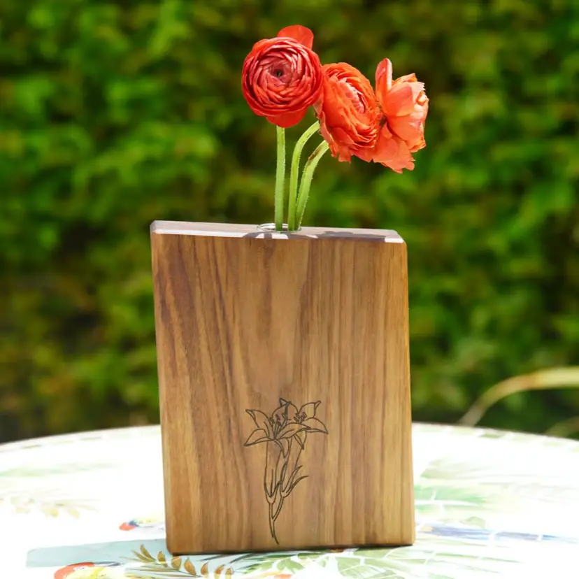 Walnut Wood Vase with Floral Engraving (7.5" x 6" x 1.75")