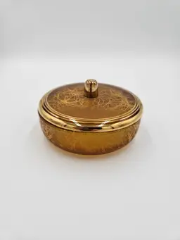 #B38 DeVilbiss Amber with Gold Tone Lidded Powder Dish