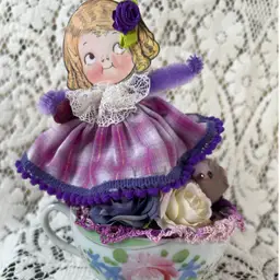 002 Vintage Bone China Teacup Assemblage Purple Bird 6.25" X 6"