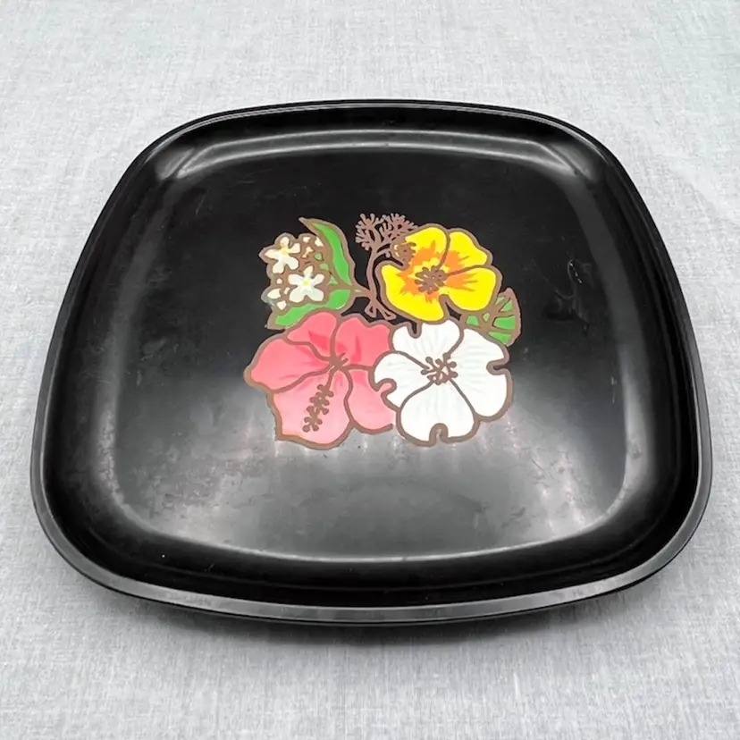 Vintage Couroc 8 1/2" Serving Tray Made for Western Airlines. Design is Inlaid Flowers Reminiscent of South Pacific Culture
