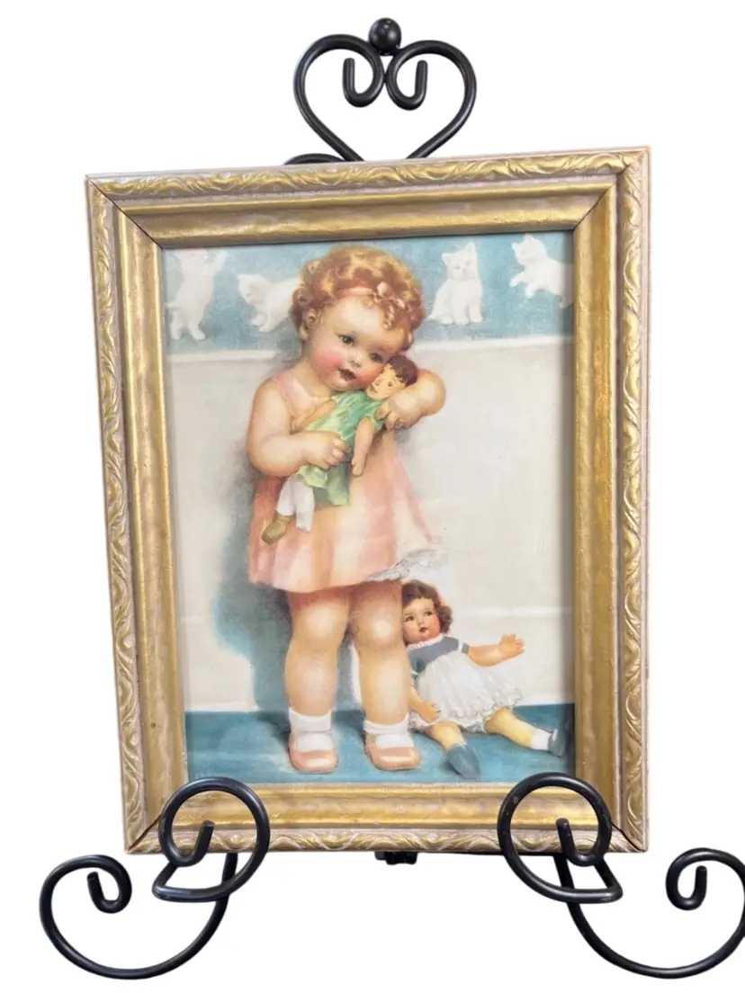 Vintage Lithograph by Bessie Pease Gutmann "Love Is Blind" in Vintage Wooden Golden Frame-Lot 43