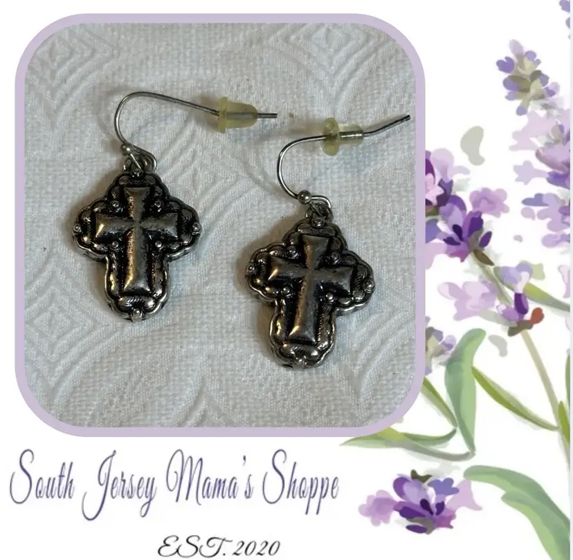 Vintage Silver Tone Embossed Cross Dangle Pierced Earrings