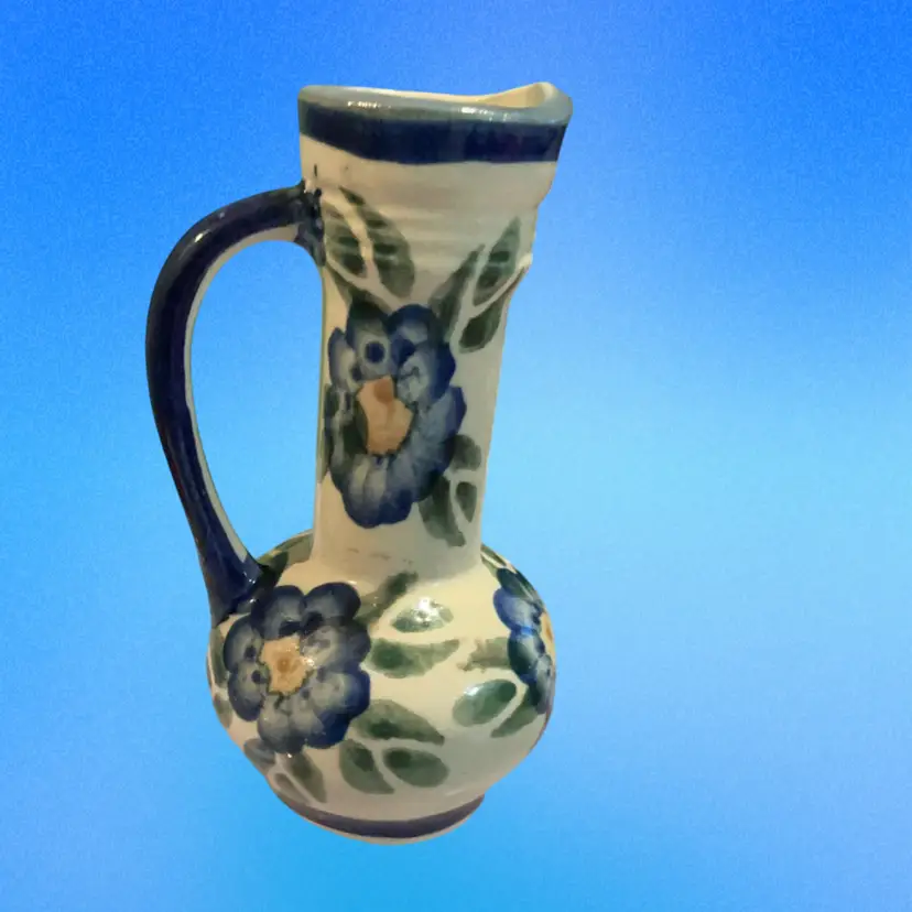 Vintage Original Bunzlaw Pottery Miniature Pitcher. Hand Crafted  Stonewere ~ Cobalt Blue Floral Design With Green Leaves. W& R Original Bunzlaw Pottery From Poland .