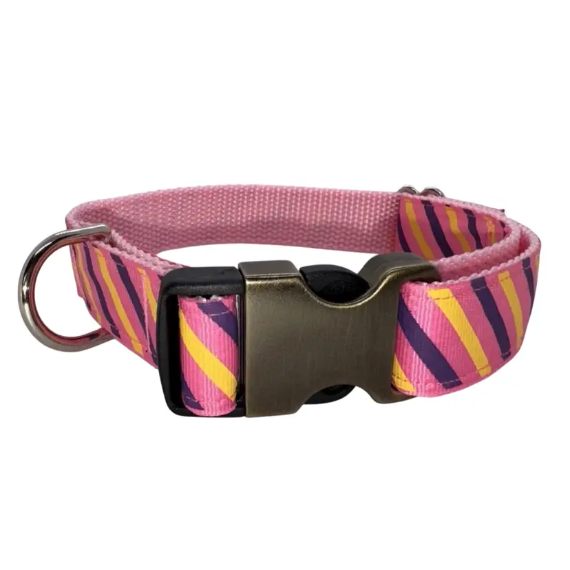 Dog Collar Pink Stripes Valentine’s Large Handmade Heavy Duty NEW